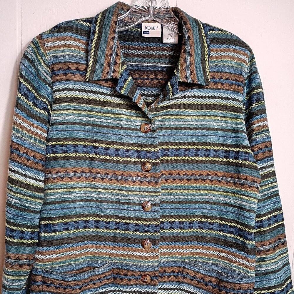 Koret Womens PL Blue Brown Aztec Light Blazer Jacket Southwestern Desert Chic